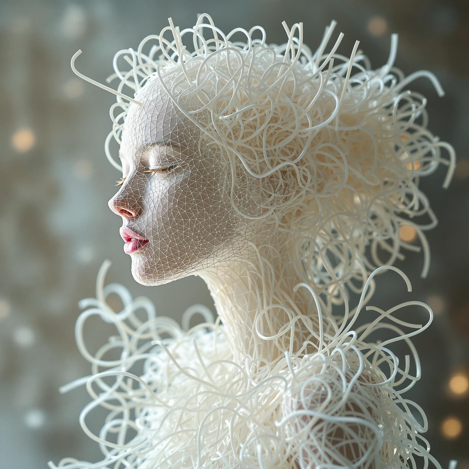 AI generated:  Ethereal woman composed of intricately woven drinking straws, her slender form radiating a delicate...