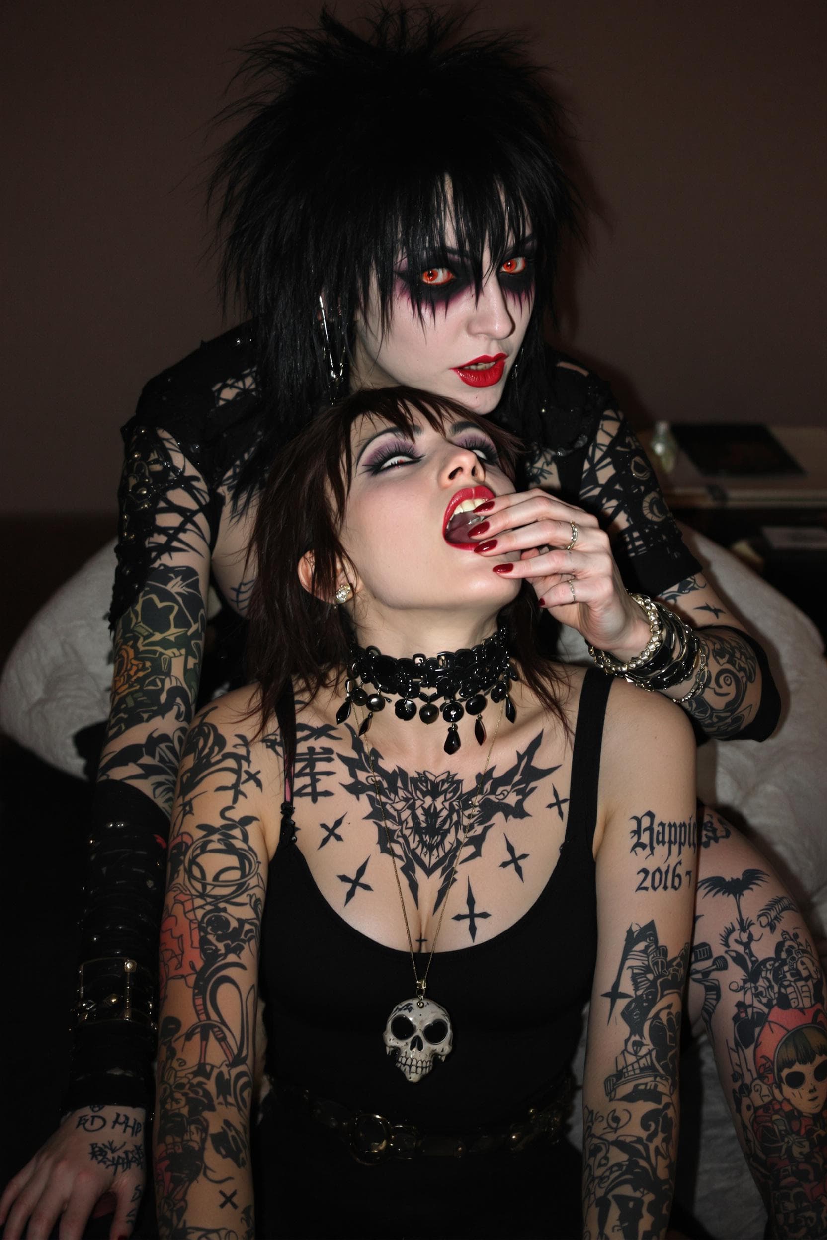 AI generated: A punk rock female  biting a tattooed woman, the vampire is behind the woman, they are both facing f...