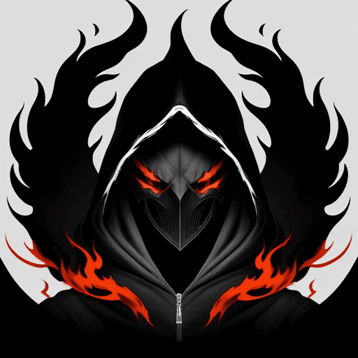 AI generated: The image features a stylized logo of a hooded shadow killer character, dark flames, with a white bo...