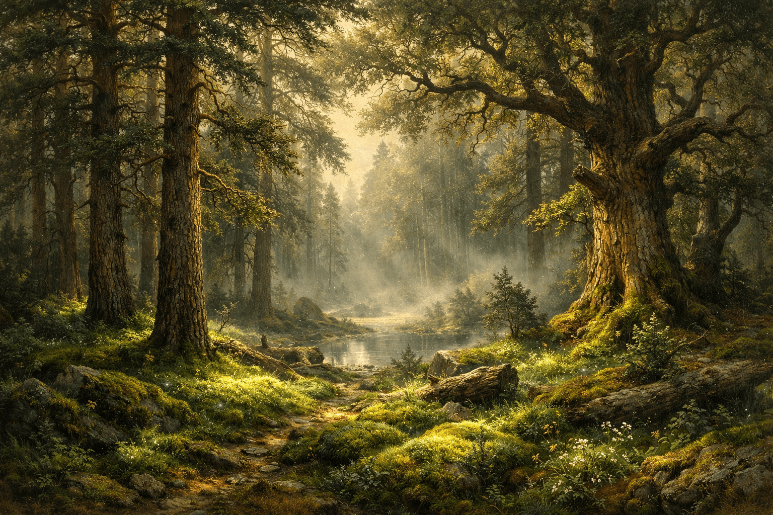 AI generated: A hyperrealistic, majestic Russian forest scene in the style of Ivan Shishkin, imbued with a fantasy...