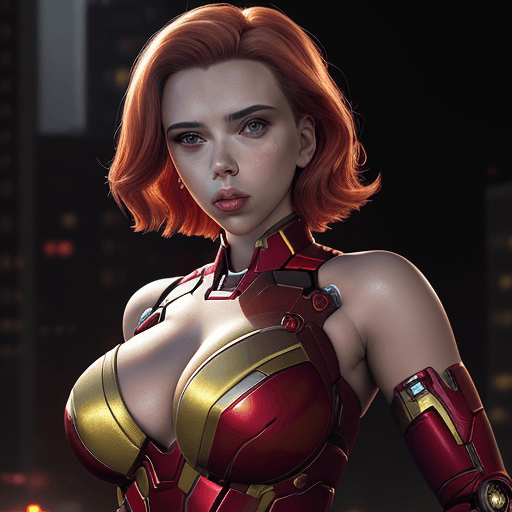 AI generated: scarlett johansson, ((wearing an iron man bikini)), metallic red and gold, (((in a sexy pose))), set...