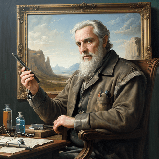AI generated: Older Male Scientist conducting Wierd science  about the nature of life and technology. Detailed oil...