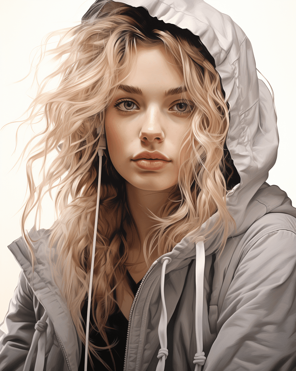 AI generated: a portrait of a woman in a hoodie, in the style of flawless line work, photo-realistic drawings, i c...