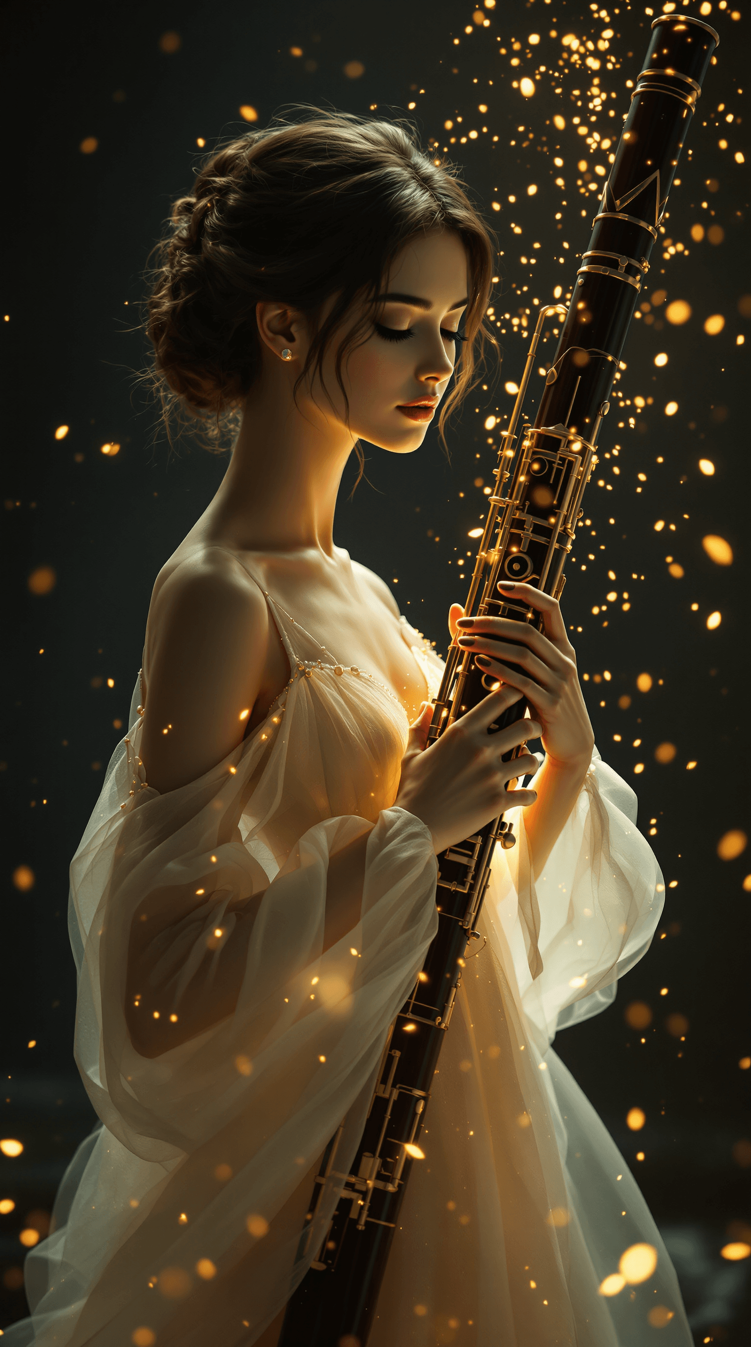 AI generated: A graceful young woman stands in a dimly lit, ethereal space, holding a grand bassoon as golden spar...