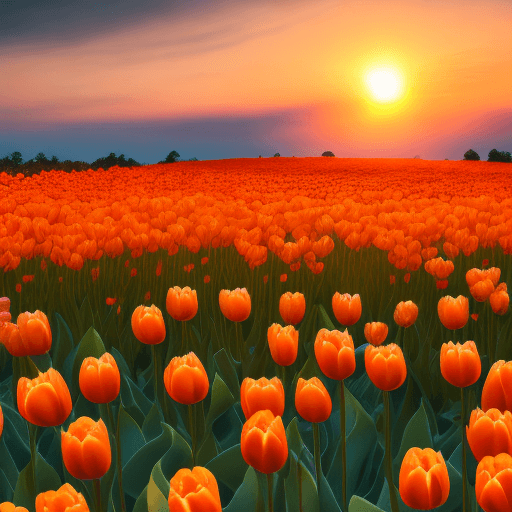 AI generated: Hyper realistic photo of field of orange tulip flowers at the sunset, 8k