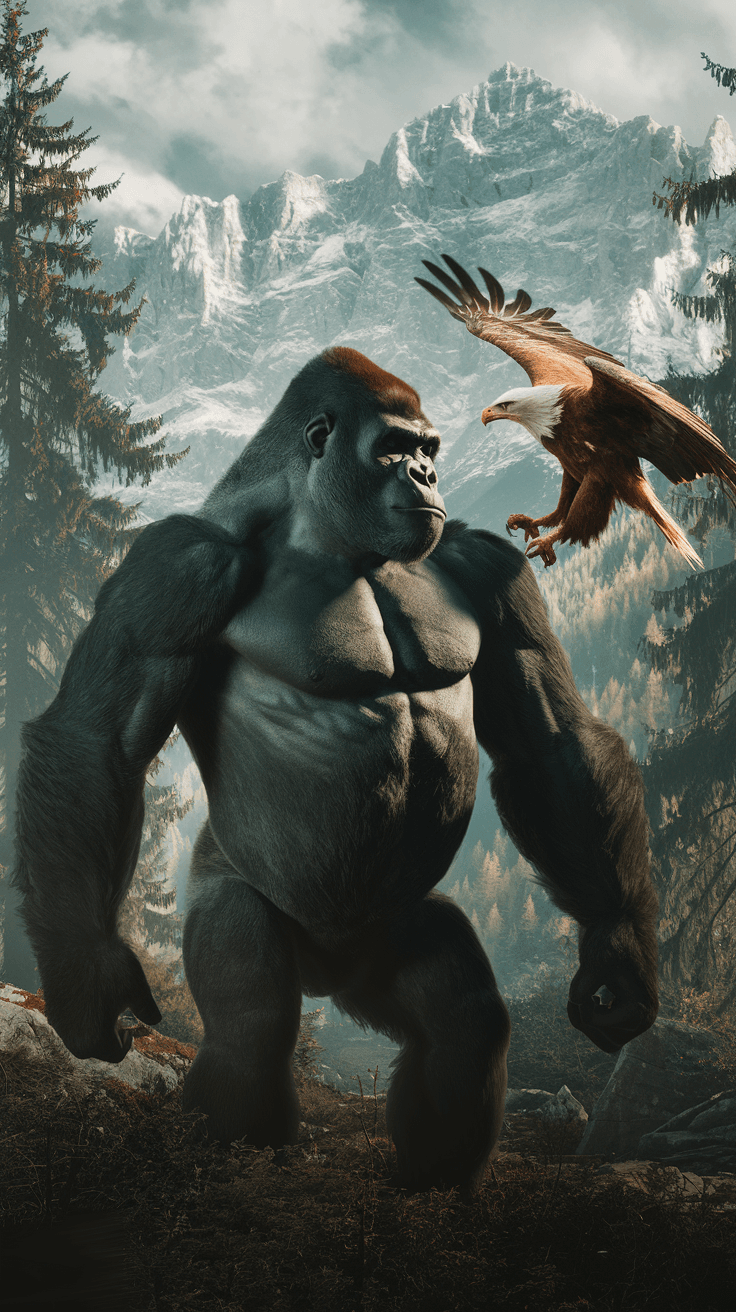 AI generated: A powerful gorilla and a majestic eagle are facing each other in an alpine forest. The gorilla stand...
