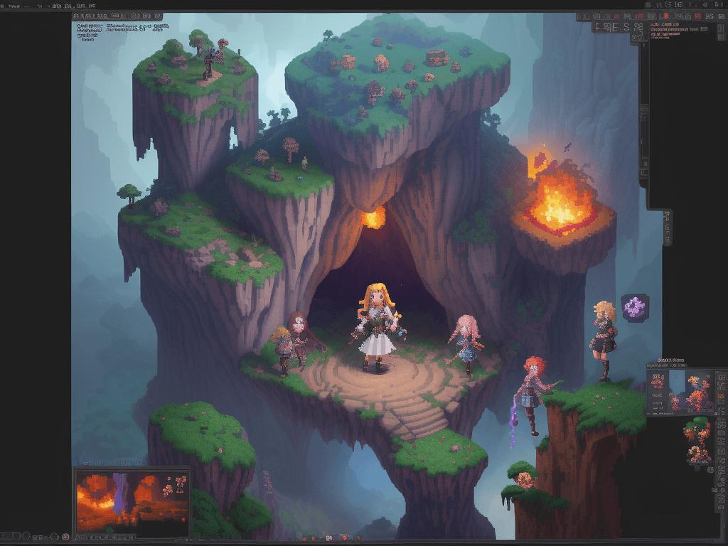 AI generated: make the girl at the center front panel, more like pixel art. high pixeleted picture,2d pixel art, m...