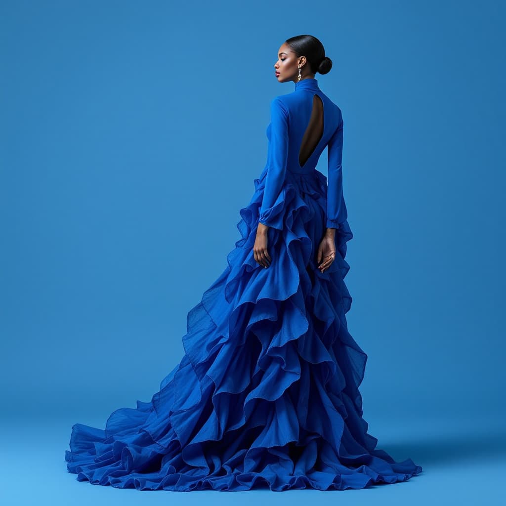 AI generated: The image is a full-length portrait of a woman in a flowing blue dress. The dress features a high ne...