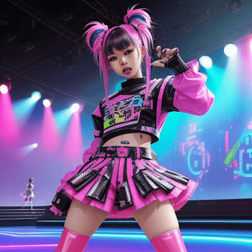 AI generated: neonpunk style {20-year-old Japanese pop idol, on stage, lively dance, singing, cute appearance, ene...