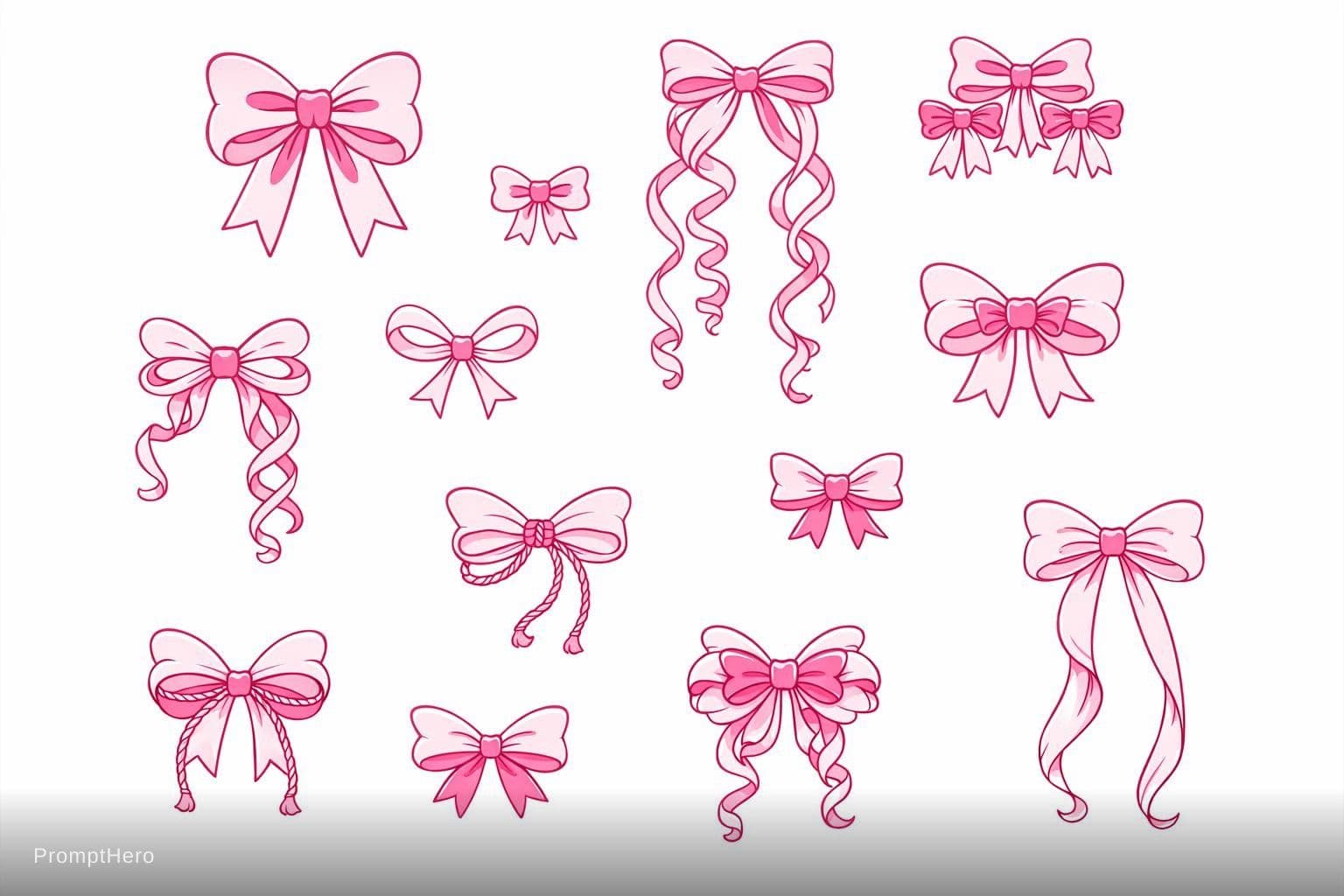 AI generated: Adorable coquette bow pack, 10 distinct bows on pure white background, delicate thin line art + sele...