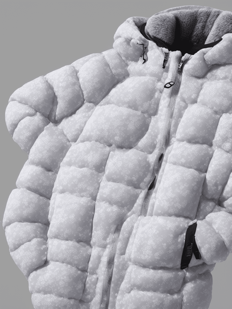 AI generated: milky Fubu winter puffer jacket, design trend, design by kanye west, on a white background, octane, ...