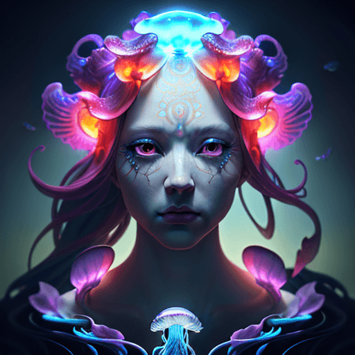 AI generated: Goddess close-up portrait ribcagel. jellyfish phoenix head, nautilus, orchid, skull, betta fish, bio...