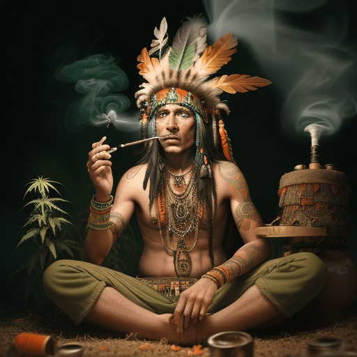 AI generated: High-resolution photograph of a psychedelic scene, indian chief with a cannabis headdress, smoking a...