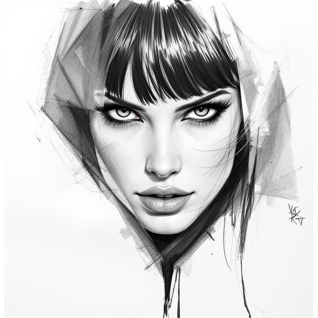 AI generated: A captivating close-up of a woman with piercing, almond-shaped eyes and bold. asymmetrical bangs fra...