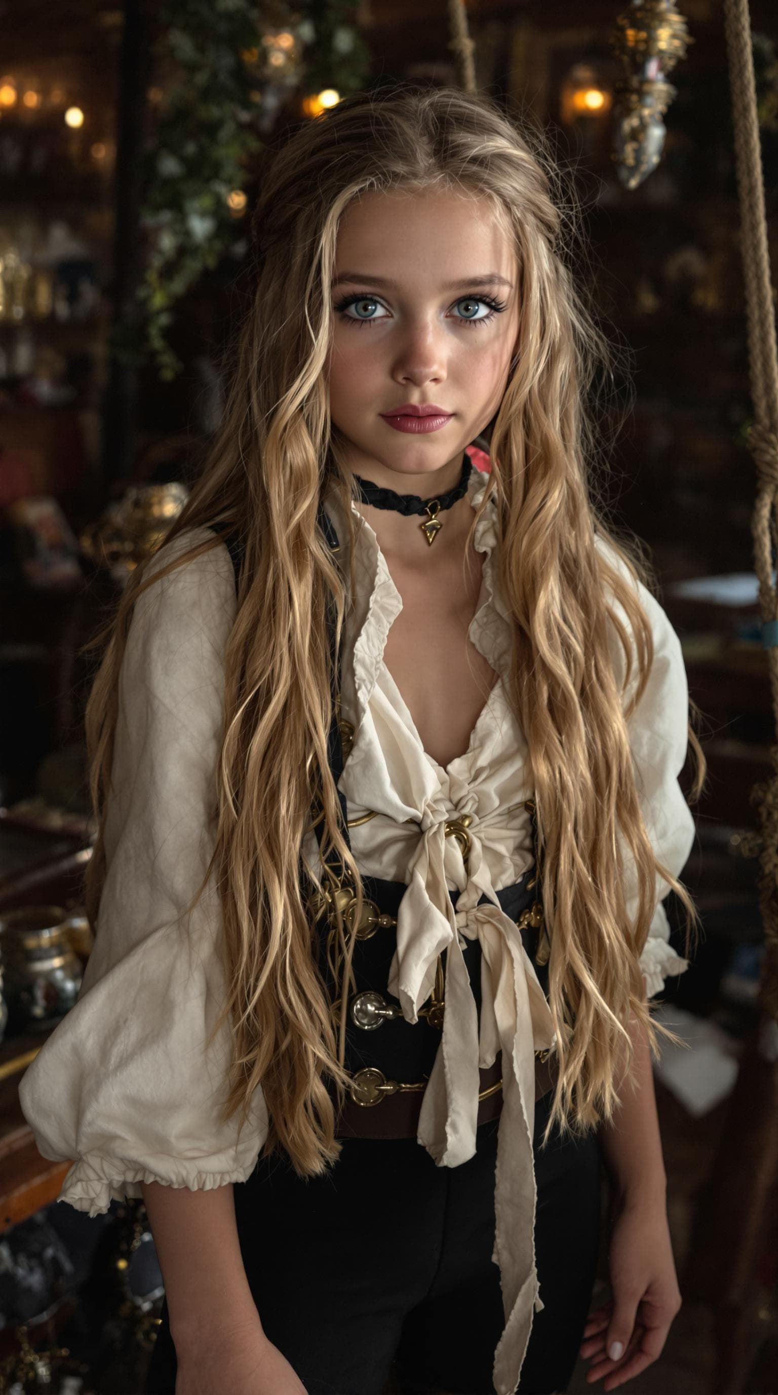 AI generated: a professional photo of a exceptionally beautiful girl aboard pirate ship at sea (age 10), (ten year...