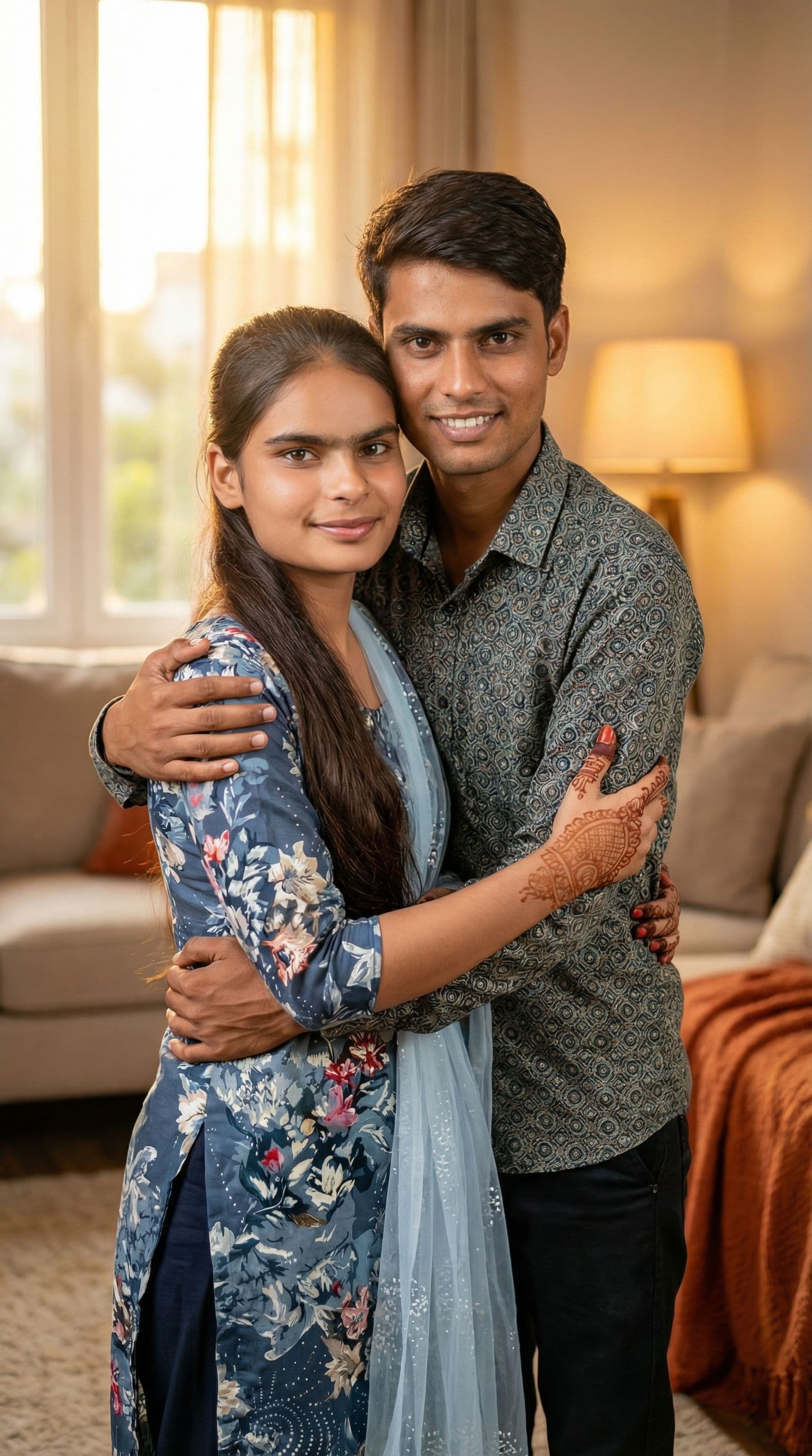 AI generated: Indoor portrait of a couple hugging, soft warm light, relaxed pose, natural expressions, high-resolu...