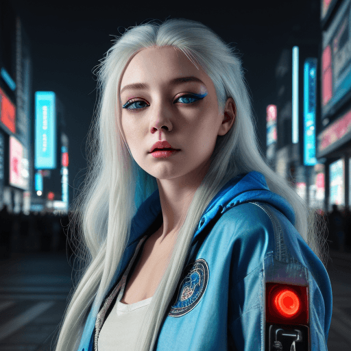 AI generated: A lady with a gorgeous face, and sleepy beautiful eyes, wearing a blue jacket, long white hair, cybe...