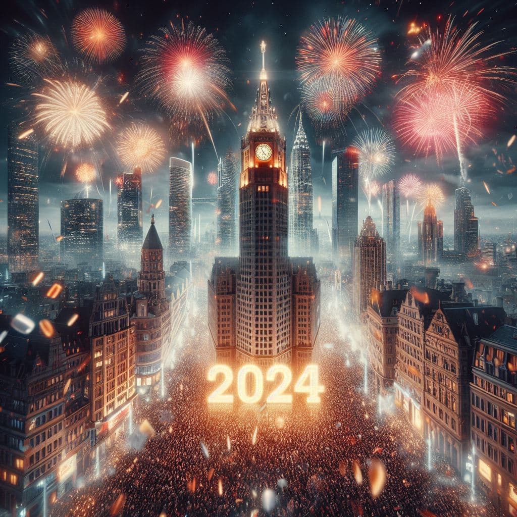 AI generated: New Year's Eve party, fireworks, beautiful, 2024, everyone celebrates, very detailed,