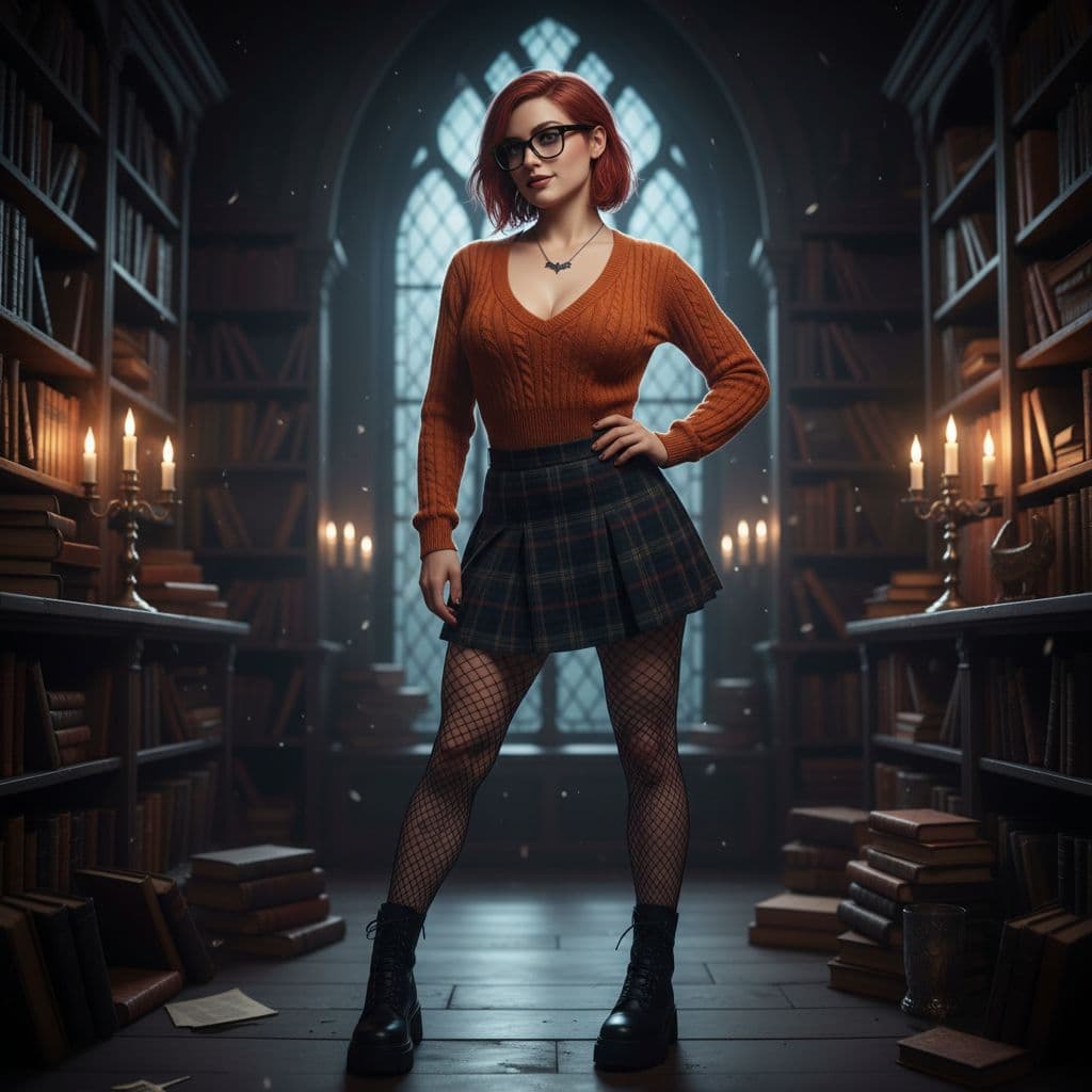 AI generated: Photo of an ultra-realistic of Velma from scooby-doo (20 years), very sultry look, so hot girl, beau...