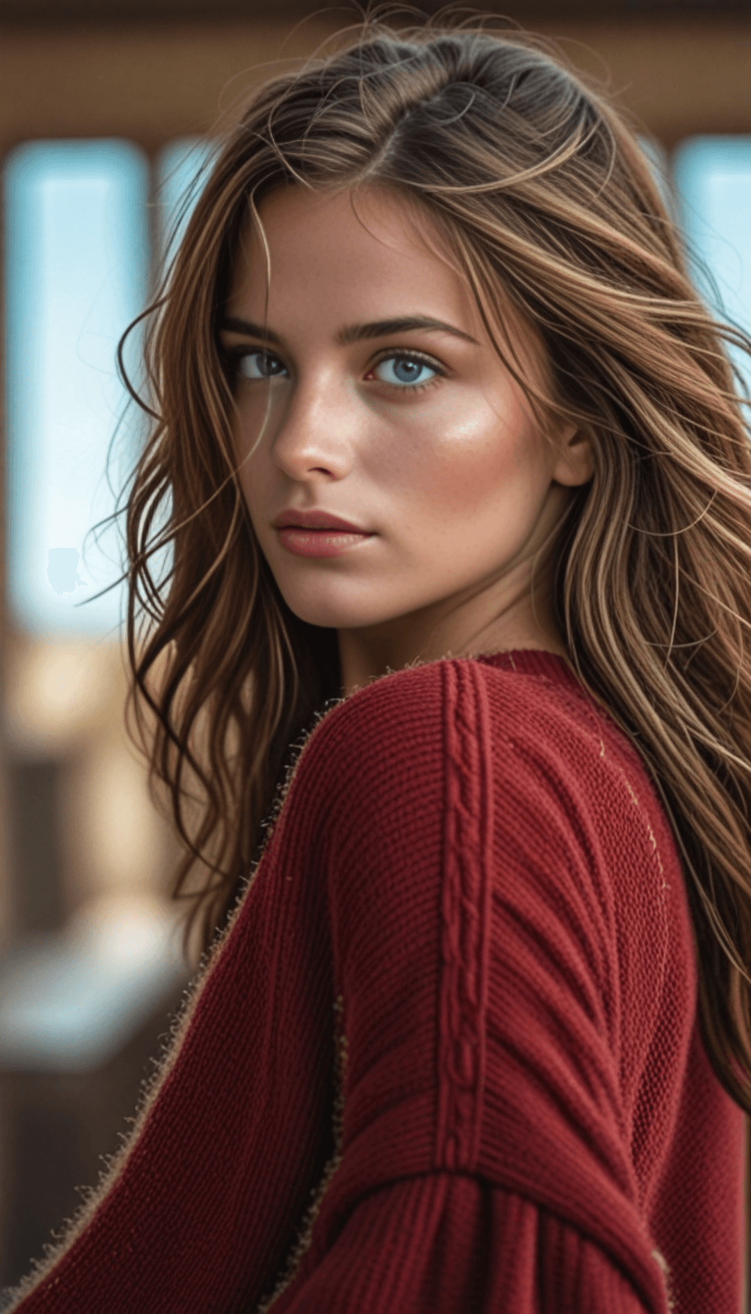 AI generated: A young woman with long, wavy brown hair, wearing a dark red sweater, positioned slightly to the rig...