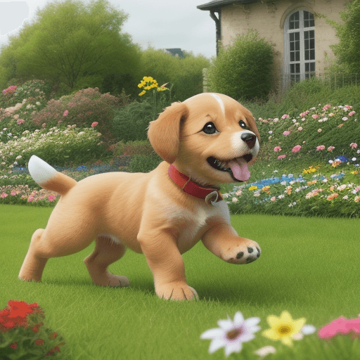 AI generated: Very cute nice  Puppys try to Catch the propellers near flowers garden