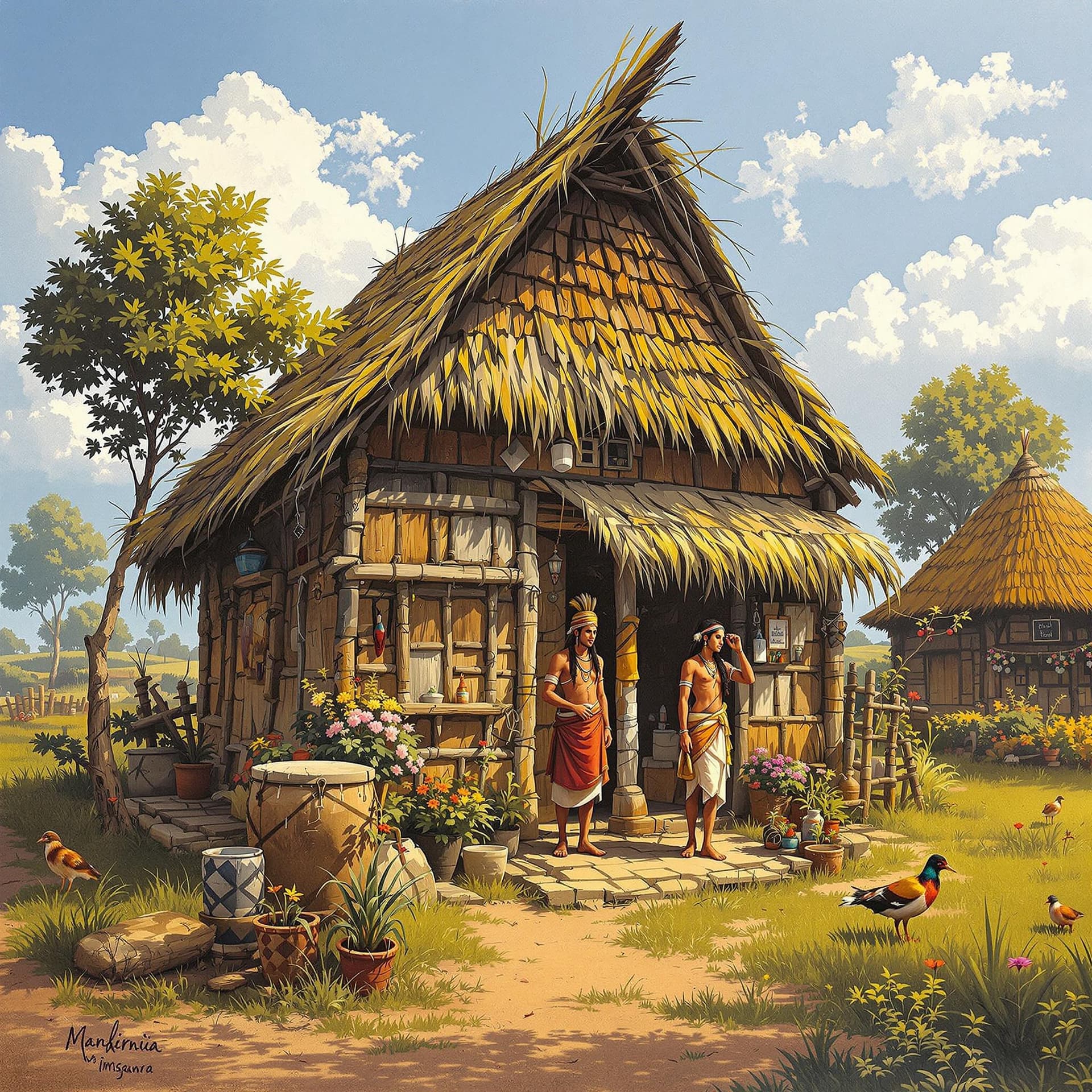 AI generated: Realistic image of Indian, people, village hut, Indian village houses, tribe art