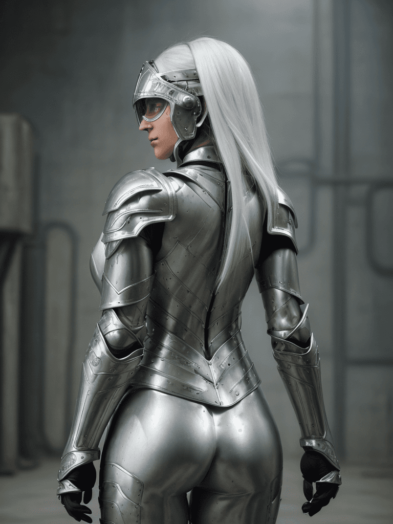 AI generated: This image depicts a woman clad in a silver suit of armor, posing confidently in a dark, industrial ...
