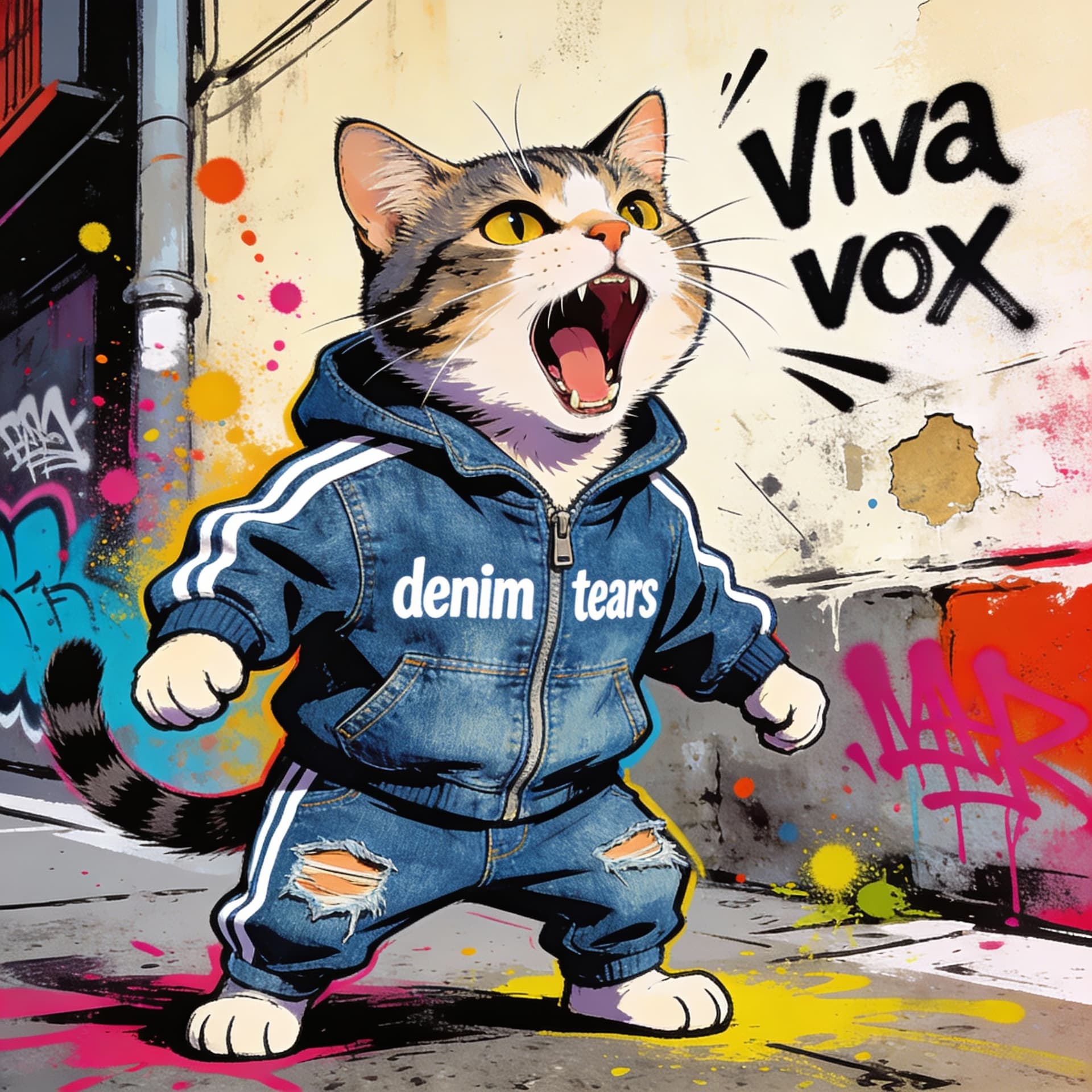AI generated: Generaba un gato con un chándal denim tears gritando viva vox 