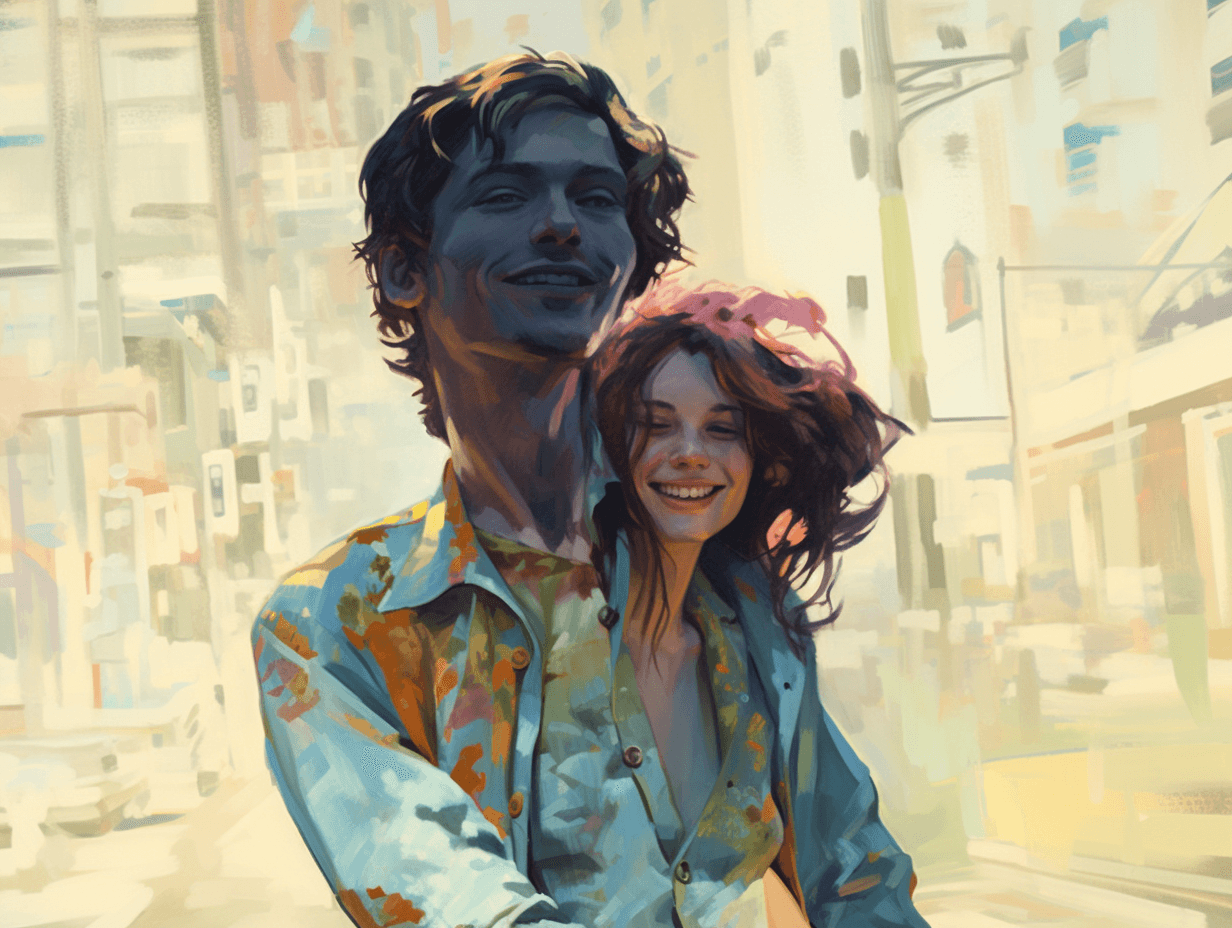 AI generated: expressive painting of young happy hippie couple smiling in the street of 1960s San Francisco in the...