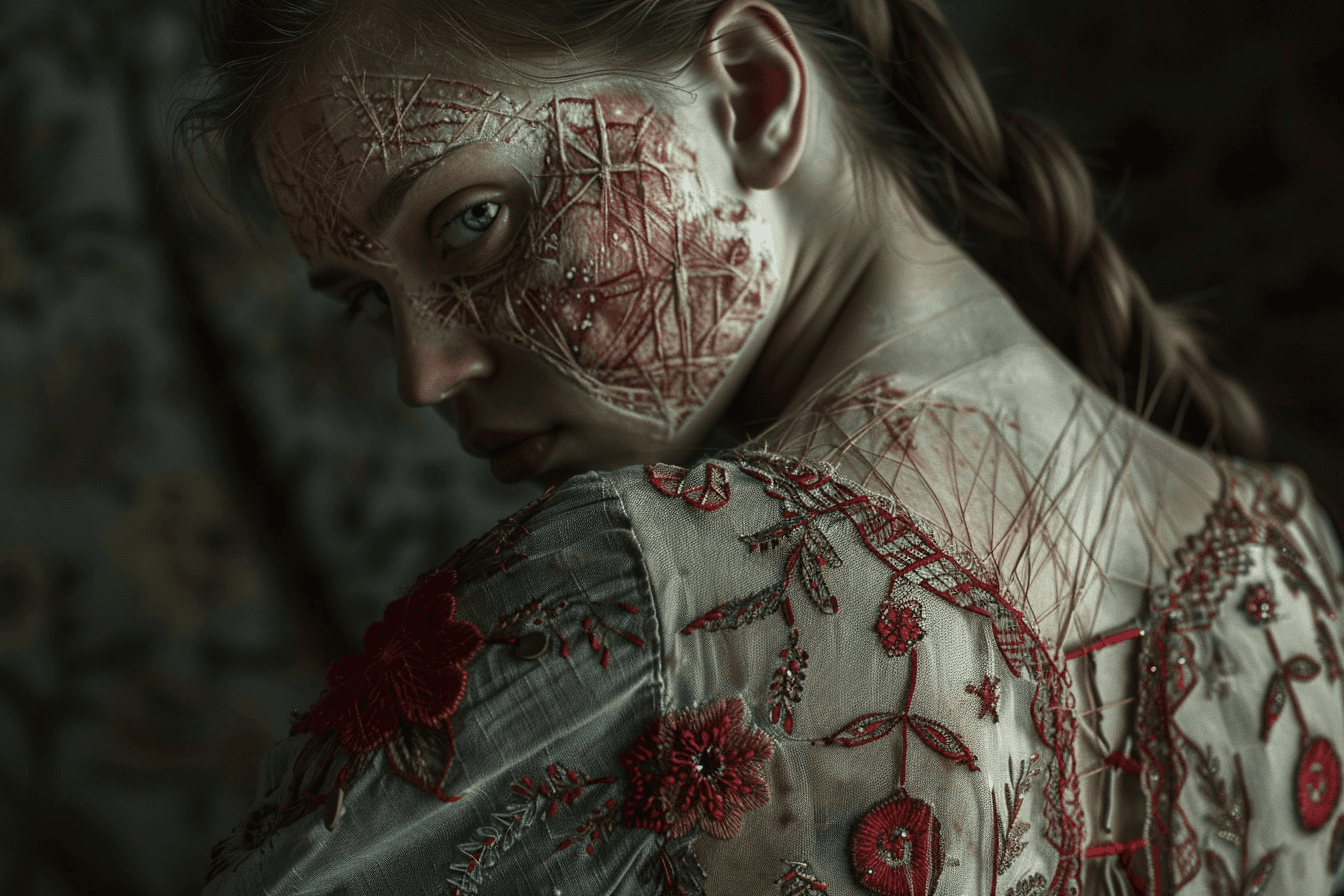 AI generated: the whole face and back are permeated with painful threads in the style of Ukrainian national embroi...