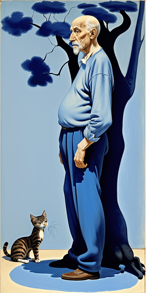 AI generated: Full height side view Portrait of an old man Picasso standing near a tree and looking at the small c...