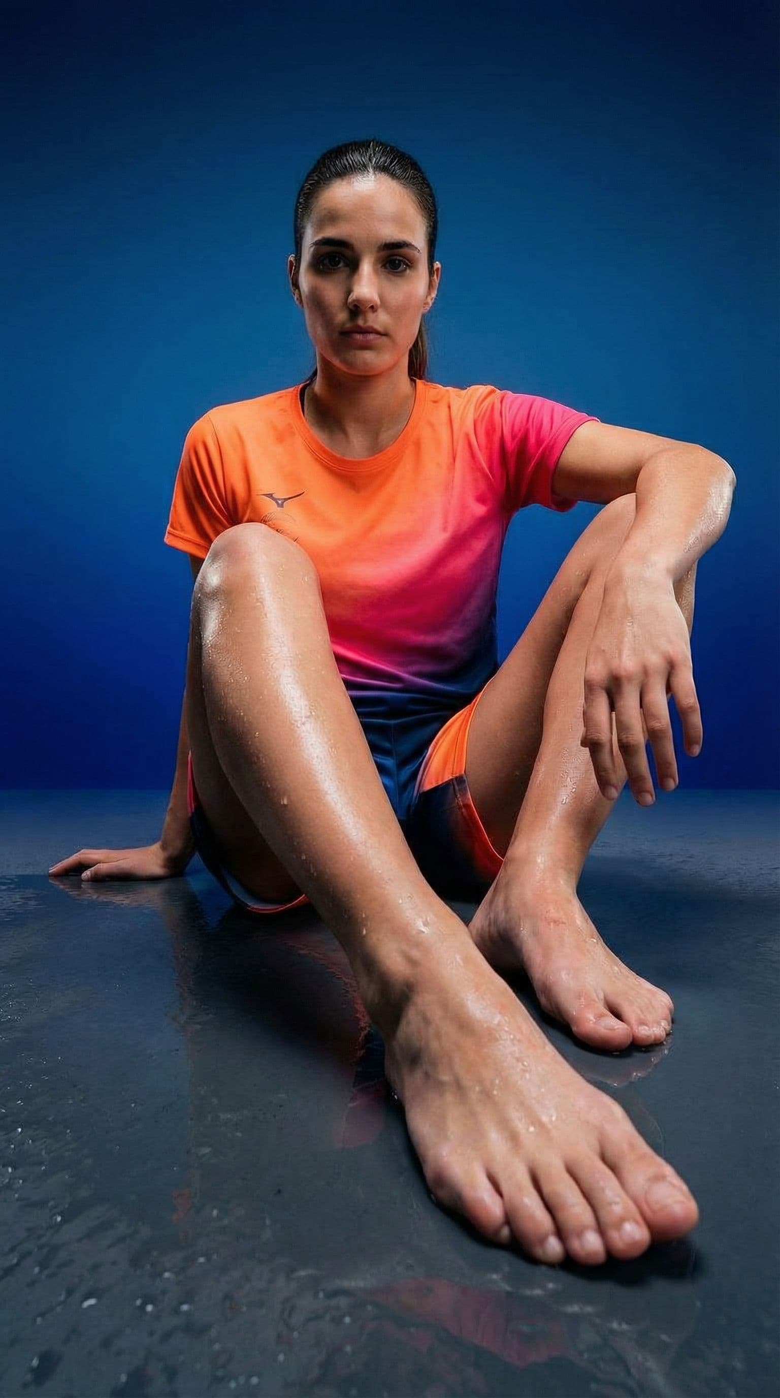 AI generated: wide and low angle, editorial, sport photography for the brand Mizuno. Woman sitting on floor all fi...