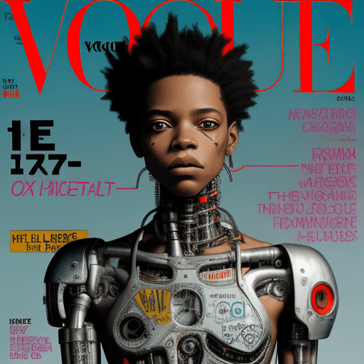 AI generated: by Jean Michel Basquiat,a cyborg girl, vogue magazine style cover
