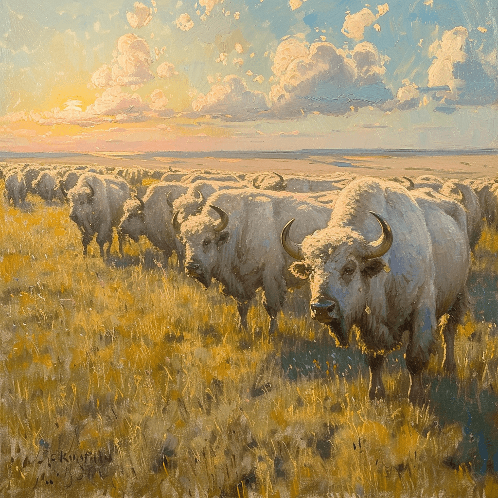 AI generated: etheral oil painting of a herd of white buffalo on american plains by charles marion russel --ar 1:1...
