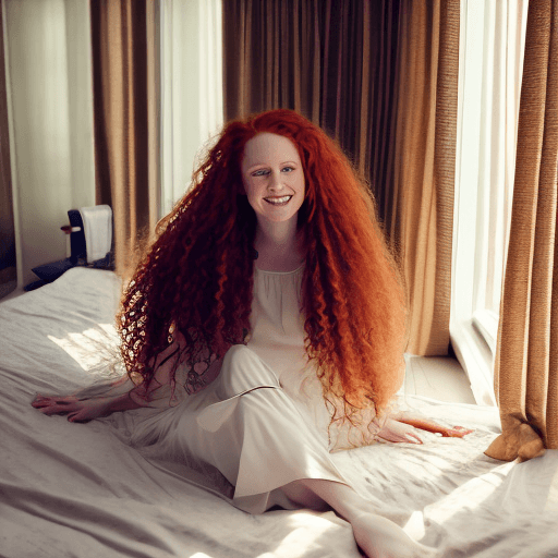 AI generated: full body photo ((extremely attractive)) woman, long curly ginger hair, perfect eyes, (freckles:0. 2...