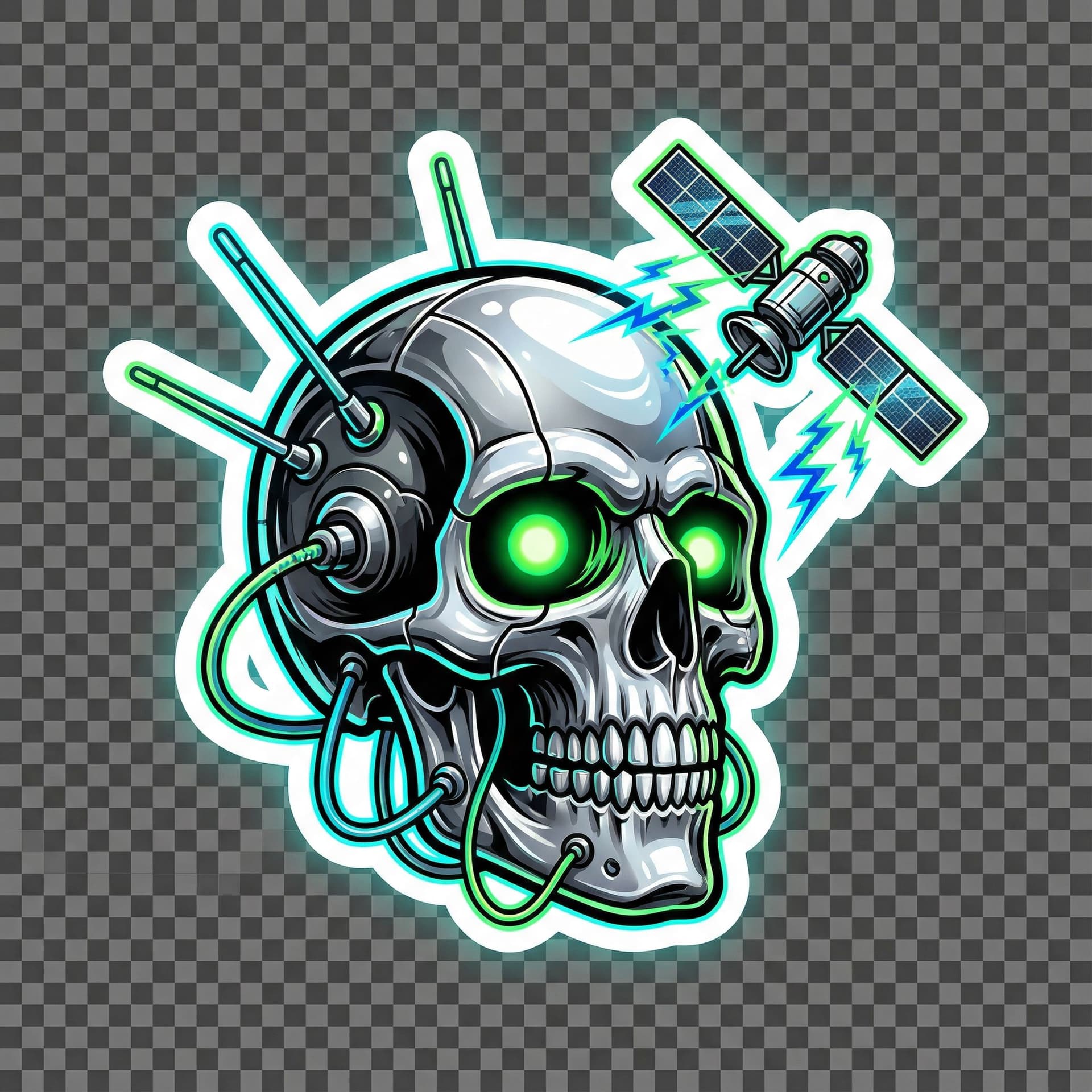AI generated: Futuristic mechanical skull with glowing neon green eyes, cybernetic antennas, exposed wires and cir...