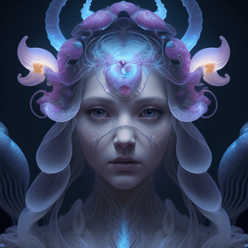 AI generated: Goddess close-up portrait ribcagel. jellyfish phoenix head, nautilus, orchid, skull, betta fish, bio...