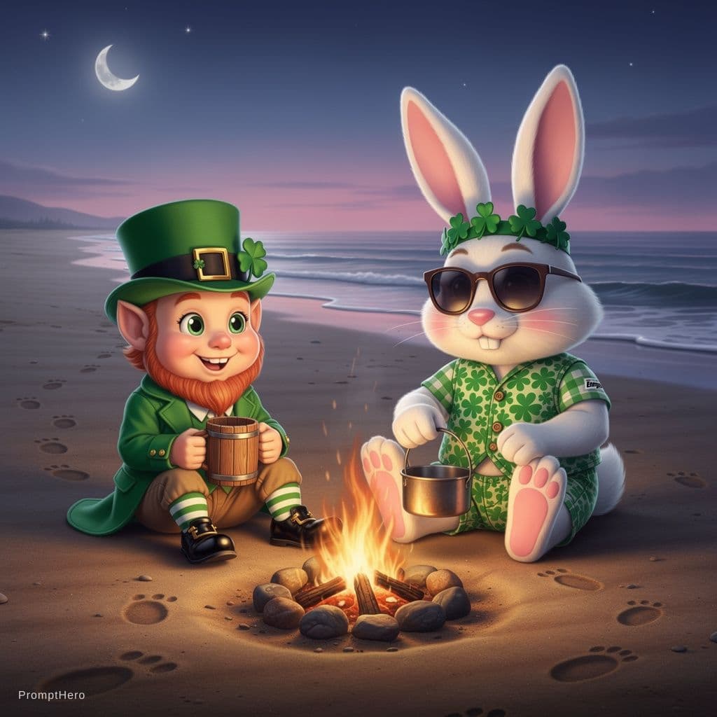 AI generated: create an airbrushed image of a cute lucky leprechaun. The leprechaun is sitting by a campfire with ...