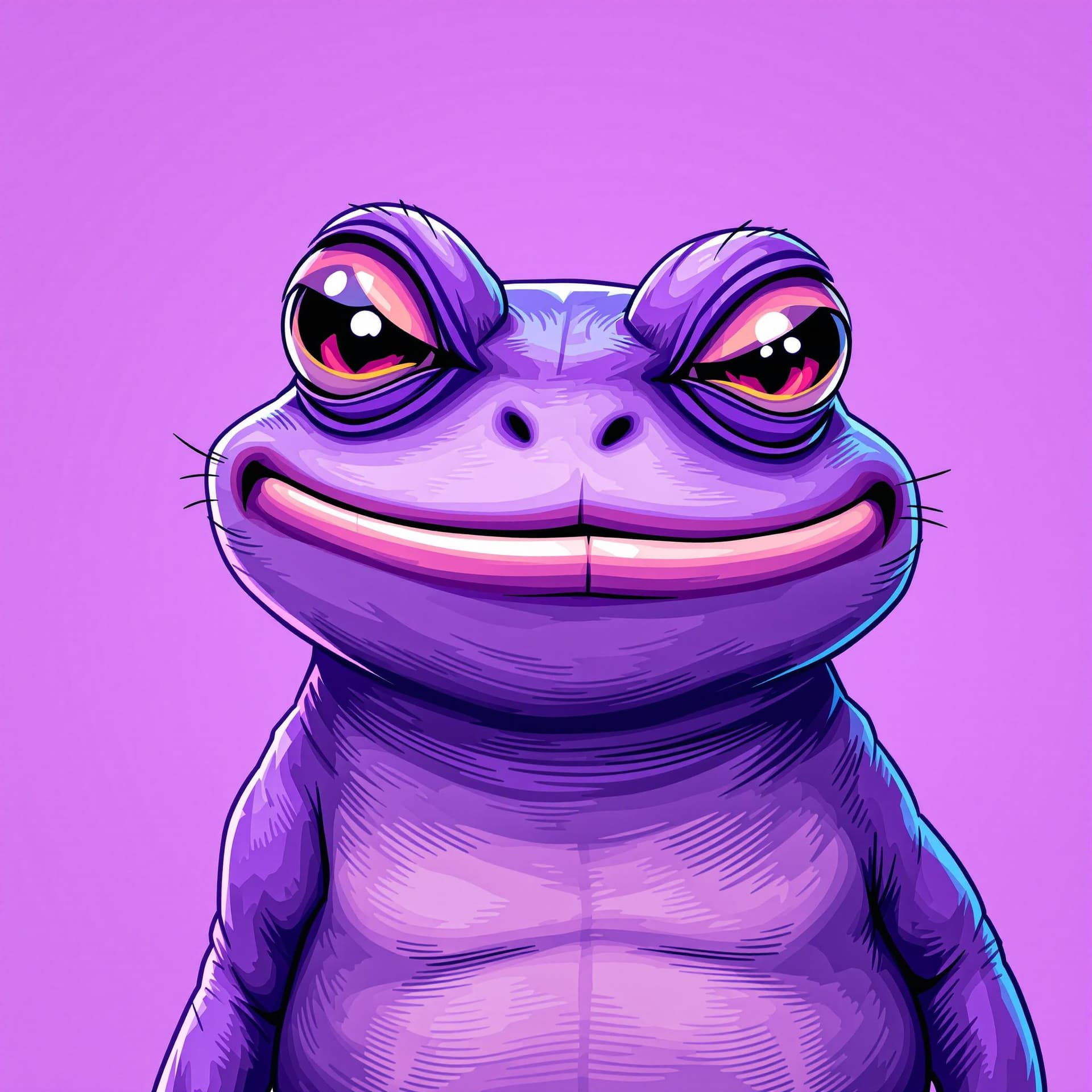 AI generated: A humorous and meme-style NFT profile picture featuring a smug, anthropomorphic purple frog characte...