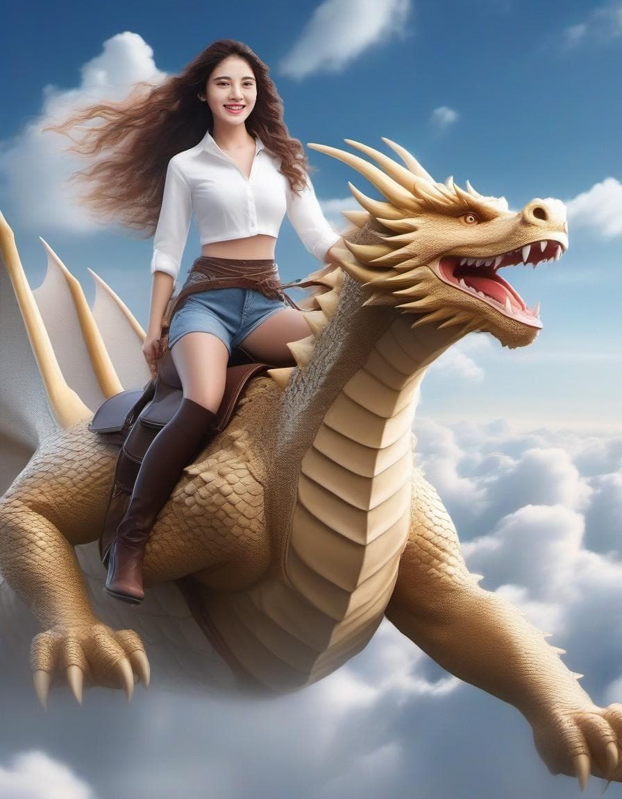 AI generated: photograph of a girl with long blonde curly hair, smiling, casual outfit, (riding on a dragon), abov...
