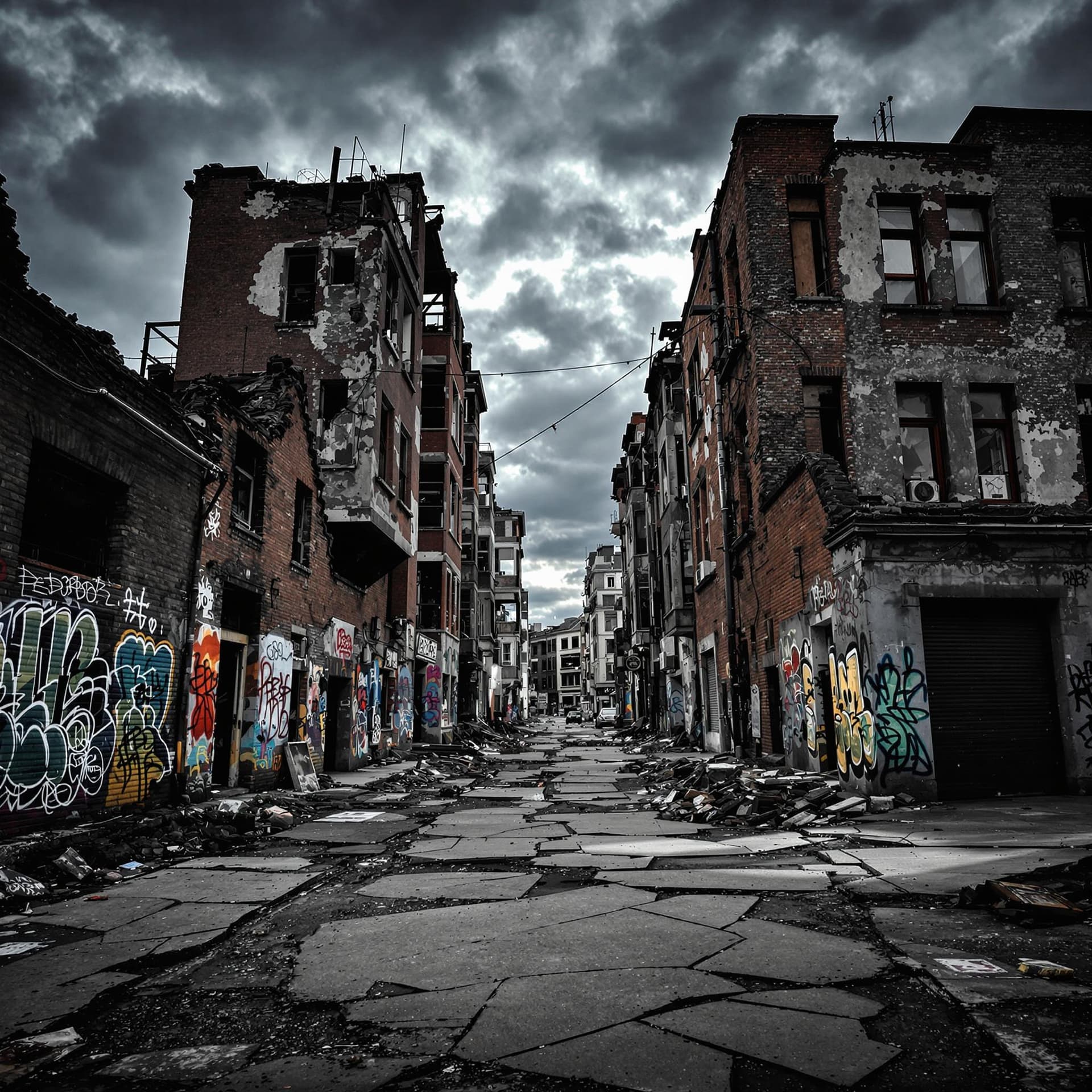AI generated: destroyed urban street buildings background with graffiti on the walls, cracked street and sidewalk ...