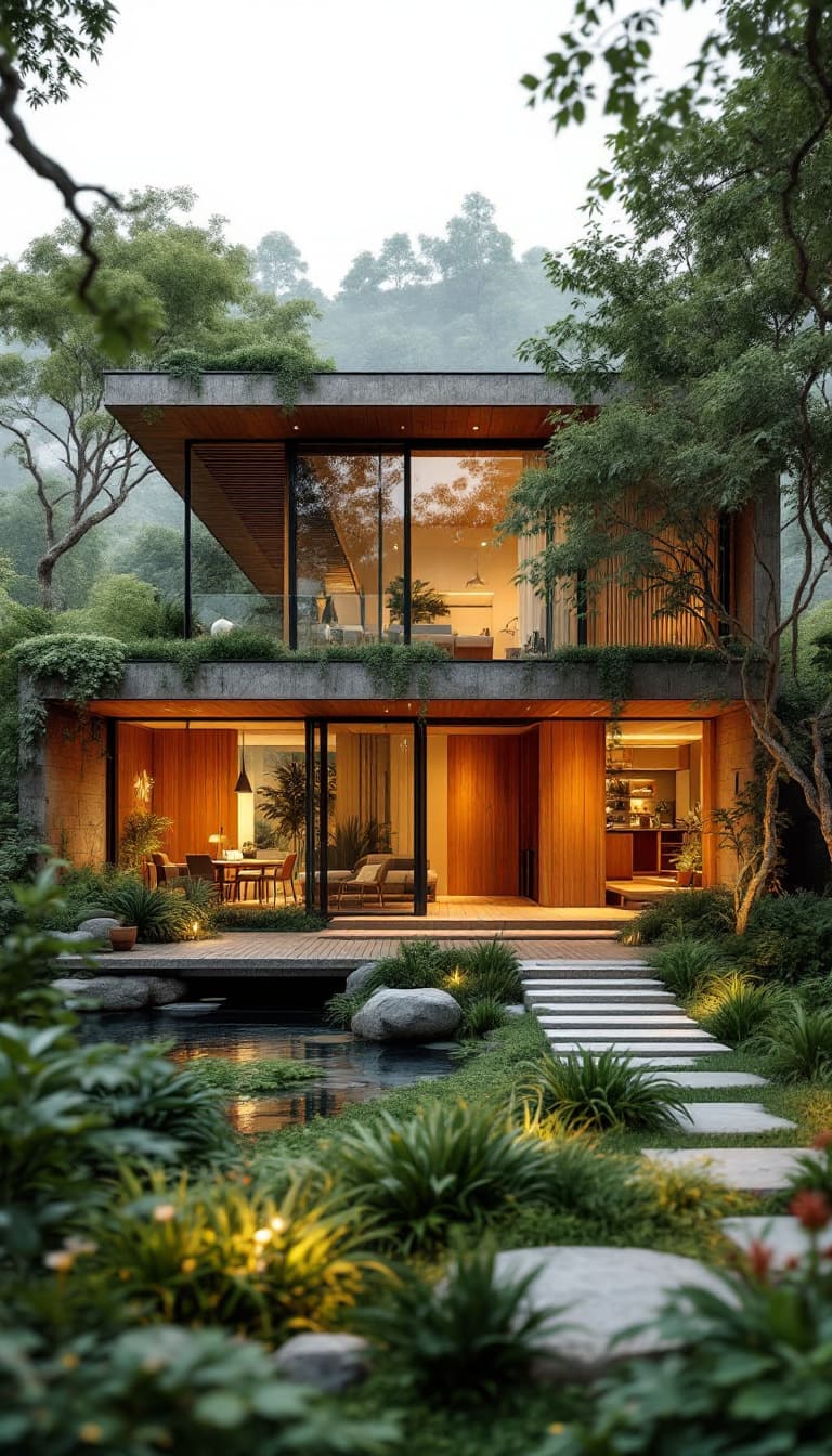 AI generated: Eco-friendly building, reclaimed wood accents, bamboo flooring, low-carbon concrete, green roofs, li...