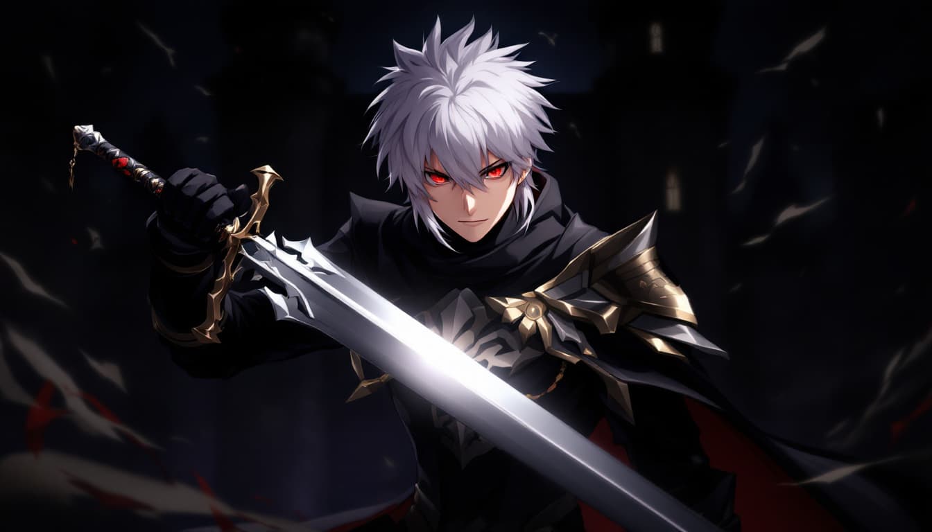 AI generated: anime,knight,sword,black,white hair,red eyes,a boy,background castle,