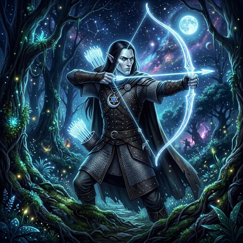 AI generated: an elegant male astral elf, slightly glowing pale skin, long straight black hair, pale blue eyes, ga...