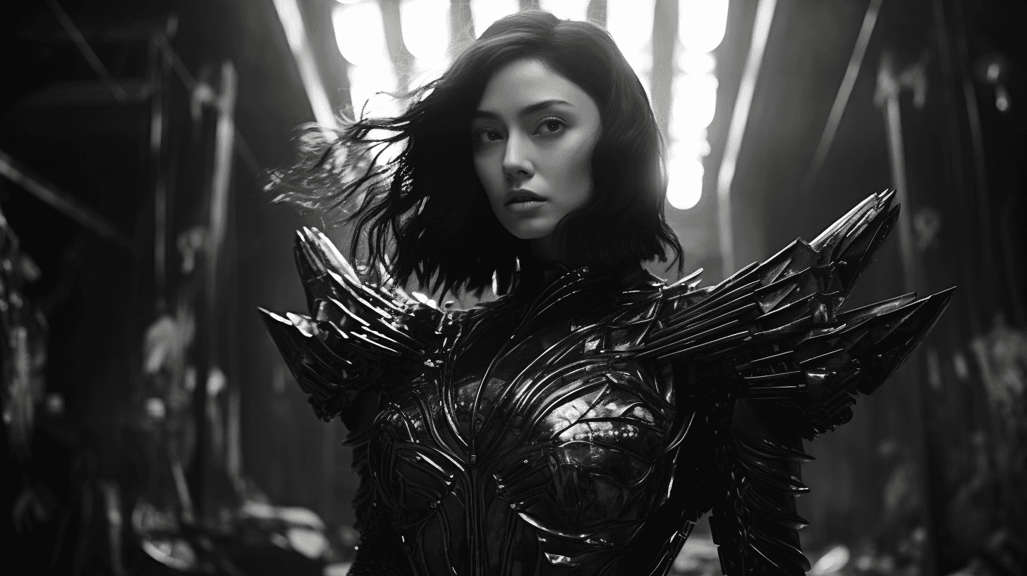 AI generated: fan bingbing as a cyberpunk gladiator with crimson armor, 16-35mm lens, f/1.8, global illumination, ...