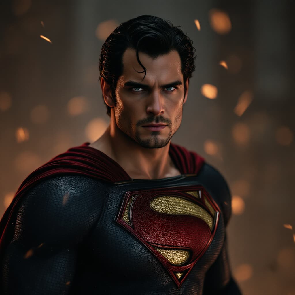 AI generated: Henry Cavil as superman ,in a black, dark red and gold suit whole body, cinematic, intense, cinemati...