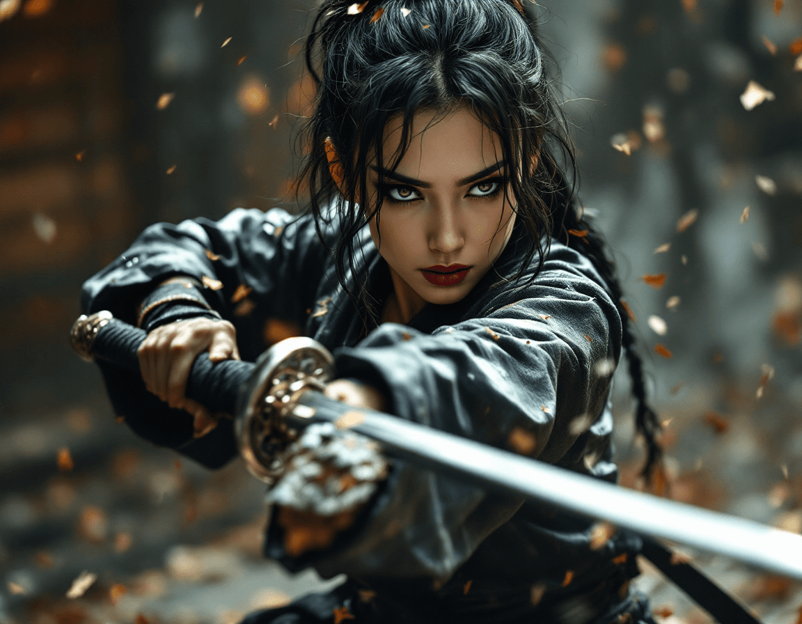 AI generated: An ultra-detailed, high contrast, elegant, gritty image of a beautiful Japanese female karate master...