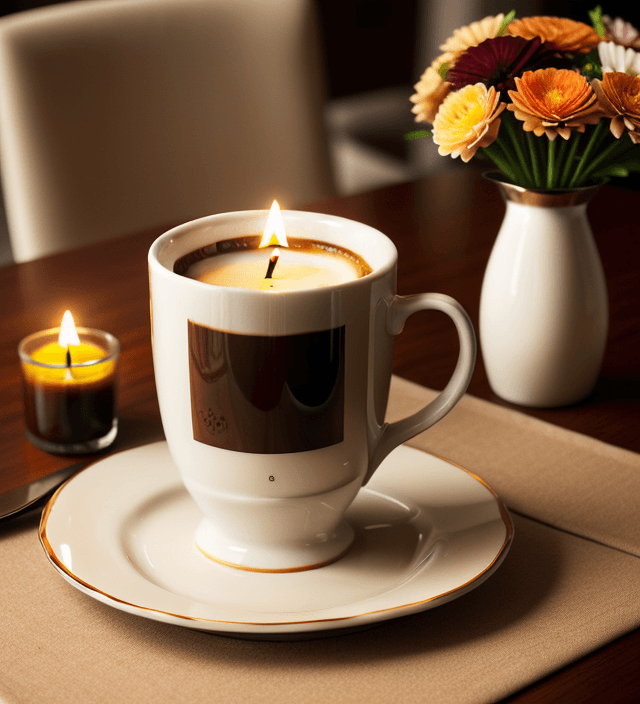AI generated: luxury coffee mug with coffee on breakfast table with food and flowers and candles.