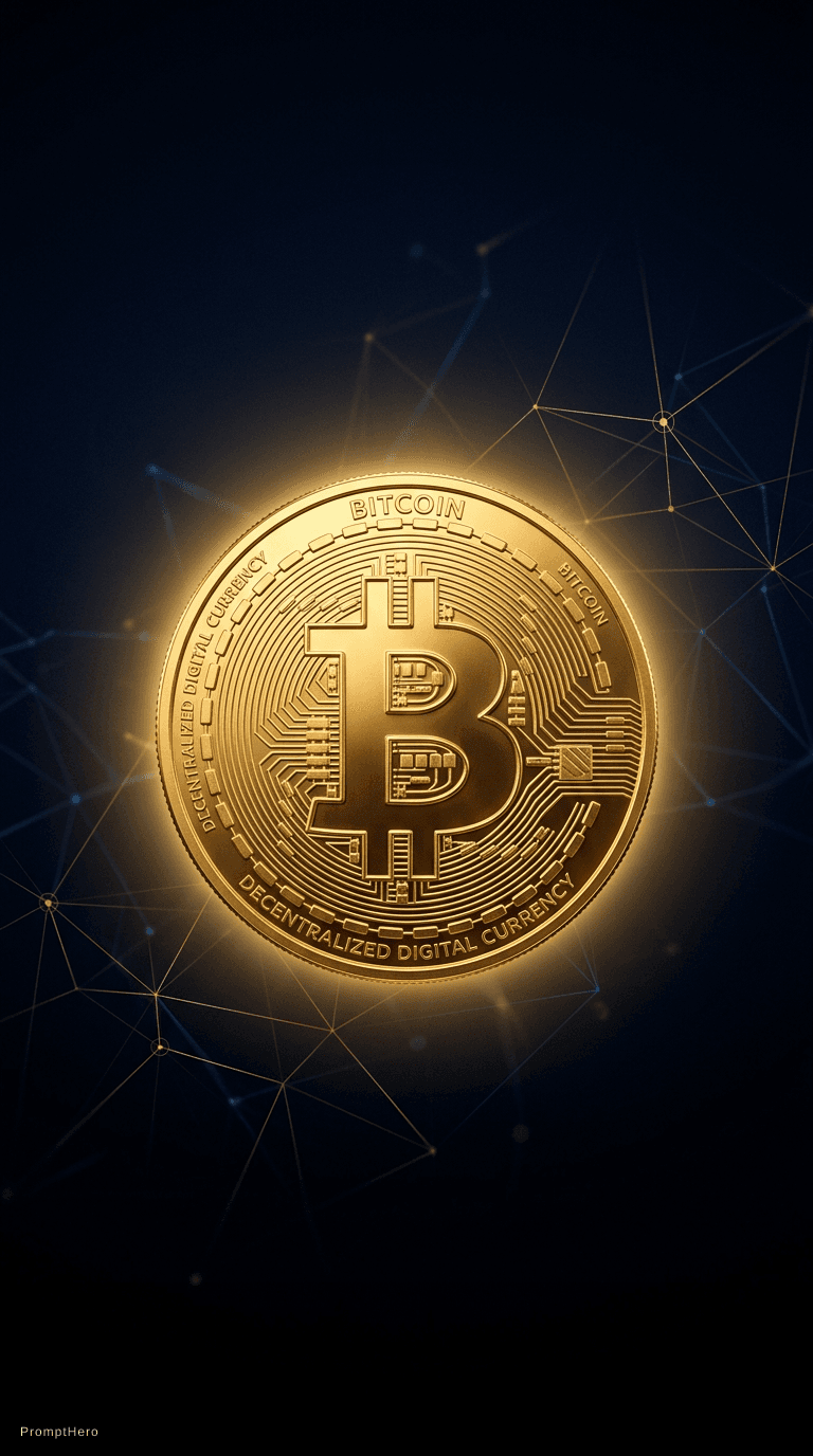 AI generated: Minimalist luxury wallpaper, single golden Bitcoin coin on black background, soft golden glow, subtl...