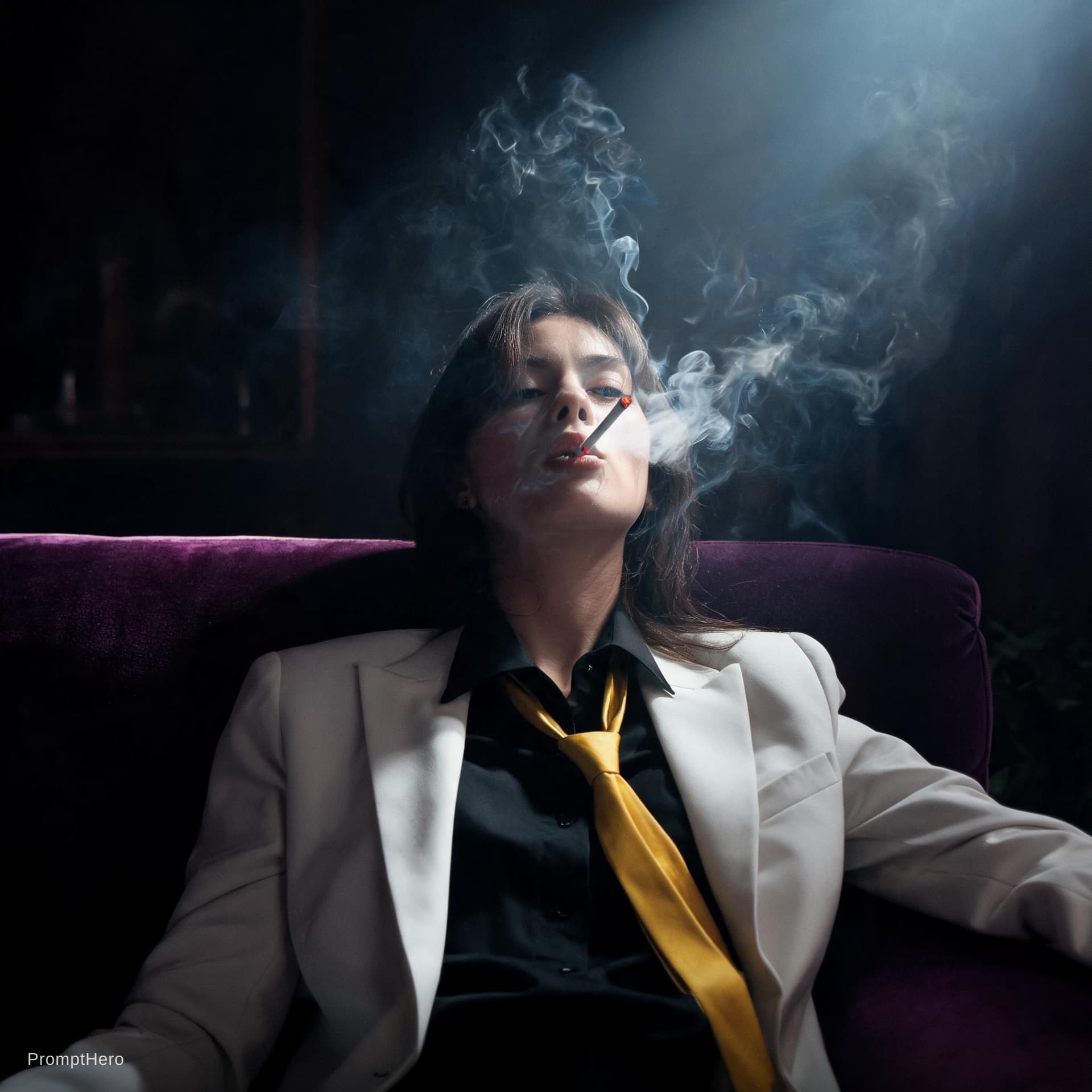 AI generated: snapshot, dimly lit room with a hazy atmosphere, capturing a female model lounging on a deep purple ...